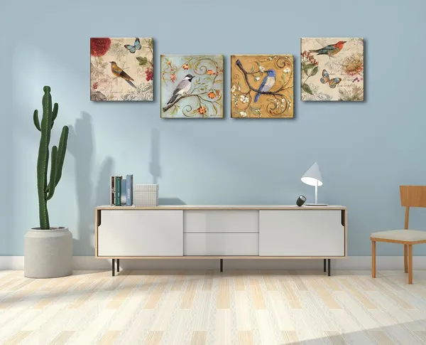 Multicolor_Flowers_Birds_Canvas_Wall_Art_|_For_Bedroom_Floral_Wall_Decor_Butterfly_Picture_Framed_Artwork_Vintage_Prints_Paintings_|_For_Bathroom_Kitchen_Decorations