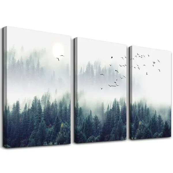 Multicolor_3_Piece_Canvas_Wall_Art_|_For_Living_Room_-_Misty_|_Forests_of_Evergreen_Coniferous_Trees_in_an_Ethereal_Landscape_-_Modern_Home_Decor_Stretched_and_Framed_Ready_to_Hang_-_12"x16"x3_Panels_Wall_Decor