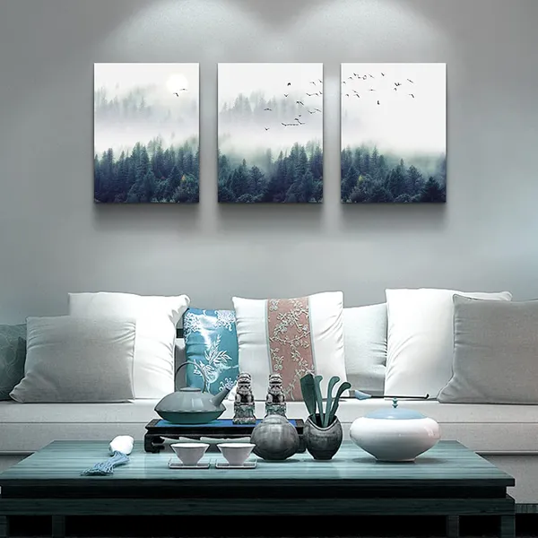Multicolor_3_Piece_Canvas_Wall_Art_|_For_Living_Room_-_Misty_|_Forests_of_Evergreen_Coniferous_Trees_in_an_Ethereal_Landscape_-_Modern_Home_Decor_Stretched_and_Framed_Ready_to_Hang_-_12"x16"x3_Panels_Wall_Decor