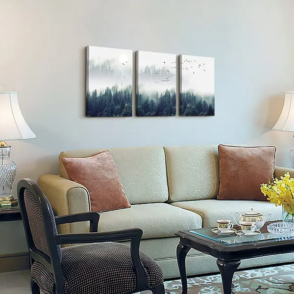 Multicolor_3_Piece_Canvas_Wall_Art_|_For_Living_Room_-_Misty_|_Forests_of_Evergreen_Coniferous_Trees_in_an_Ethereal_Landscape_-_Modern_Home_Decor_Stretched_and_Framed_Ready_to_Hang_-_12"x16"x3_Panels_Wall_Decor