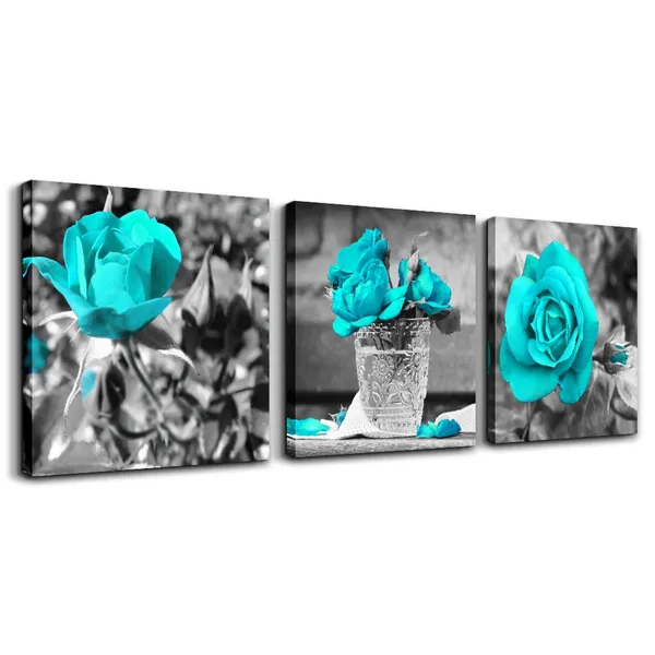 Multicolor_Wall_Art_|_For_Bedroom_Simple_Life_Black_and_White_Rose_Flowers_Blue_Canvas_Wall_Art_Decor_12"_x_12"_3_Pieces_Framed_Canvas_Prints_Watercolor_Giclee_with_Black_Border_Ready_to_Hang_|_For_Home_Decoration