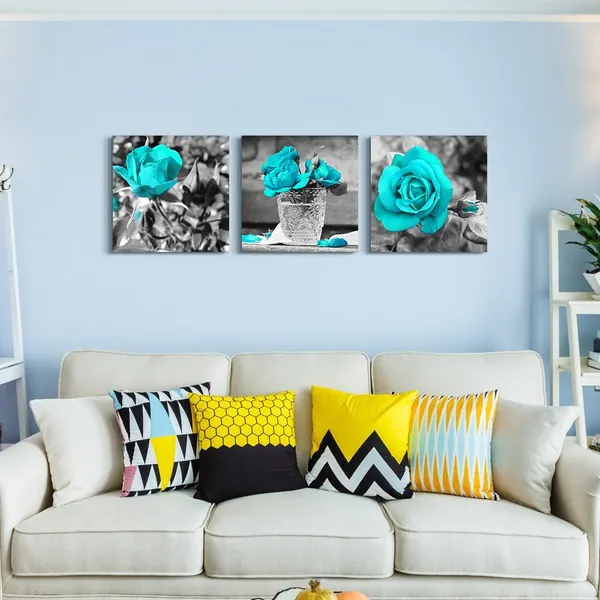 Multicolor_Wall_Art_|_For_Bedroom_Simple_Life_Black_and_White_Rose_Flowers_Blue_Canvas_Wall_Art_Decor_12"_x_12"_3_Pieces_Framed_Canvas_Prints_Watercolor_Giclee_with_Black_Border_Ready_to_Hang_|_For_Home_Decoration