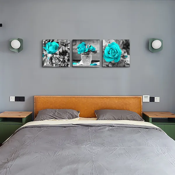 Multicolor_Wall_Art_|_For_Bedroom_Simple_Life_Black_and_White_Rose_Flowers_Blue_Canvas_Wall_Art_Decor_12"_x_12"_3_Pieces_Framed_Canvas_Prints_Watercolor_Giclee_with_Black_Border_Ready_to_Hang_|_For_Home_Decoration