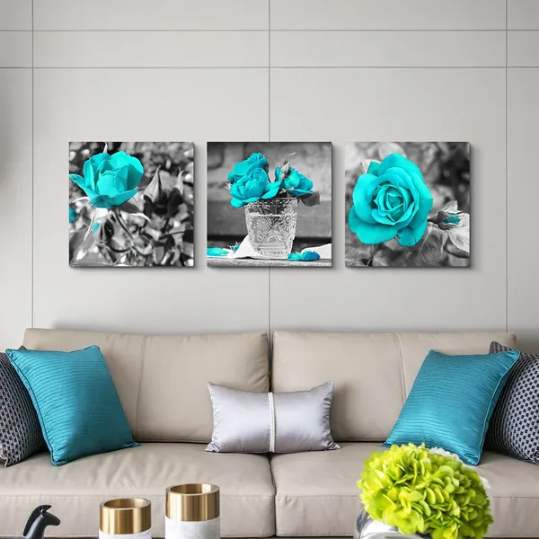 Multicolor_Wall_Art_|_For_Bedroom_Simple_Life_Black_and_White_Rose_Flowers_Blue_Canvas_Wall_Art_Decor_12"_x_12"_3_Pieces_Framed_Canvas_Prints_Watercolor_Giclee_with_Black_Border_Ready_to_Hang_|_For_Home_Decoration