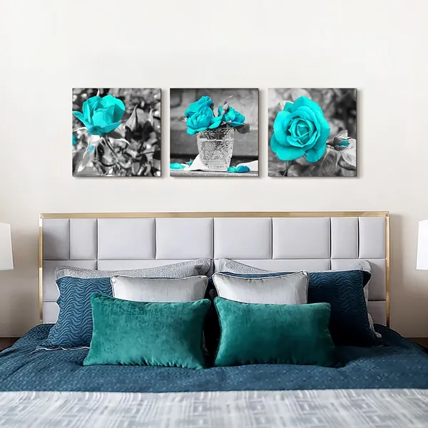 Multicolor_Wall_Art_|_For_Bedroom_Simple_Life_Black_and_White_Rose_Flowers_Blue_Canvas_Wall_Art_Decor_12"_x_12"_3_Pieces_Framed_Canvas_Prints_Watercolor_Giclee_with_Black_Border_Ready_to_Hang_|_For_Home_Decoration