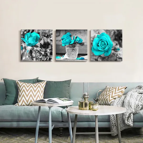 Multicolor_Wall_Art_|_For_Bedroom_Simple_Life_Black_and_White_Rose_Flowers_Blue_Canvas_Wall_Art_Decor_12"_x_12"_3_Pieces_Framed_Canvas_Prints_Watercolor_Giclee_with_Black_Border_Ready_to_Hang_|_For_Home_Decoration