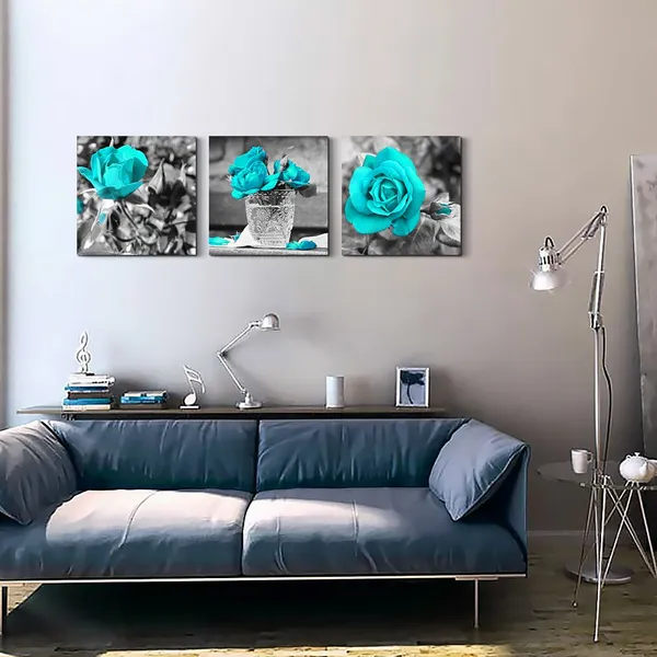 Multicolor_Wall_Art_|_For_Bedroom_Simple_Life_Black_and_White_Rose_Flowers_Blue_Canvas_Wall_Art_Decor_12"_x_12"_3_Pieces_Framed_Canvas_Prints_Watercolor_Giclee_with_Black_Border_Ready_to_Hang_|_For_Home_Decoration