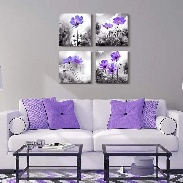 Multicolor_Wall_Art_|_For_Living_Room_Black_and_White_Purple_Flower_Canvas_Wall_Decor_|_For_Home_Decor_Artwork_Painting_12"_x_12"_4_Pieces_Canvas_Print_|_For_Bedroom_Decor_Modern_Salon_Kitchen_Still_Life_Painting