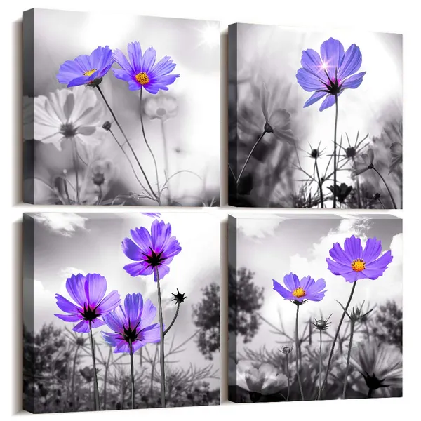 Multicolor_Wall_Art_|_For_Living_Room_Black_and_White_Purple_Flower_Big_Canvas_Prints_Wall_Decor_Artwork_16"_x_16"_4_Pieces_Framed_Black_Border_Ready_to_Hang_|_For_Bedroom_Kitchen_Home_Decoration_withoffice