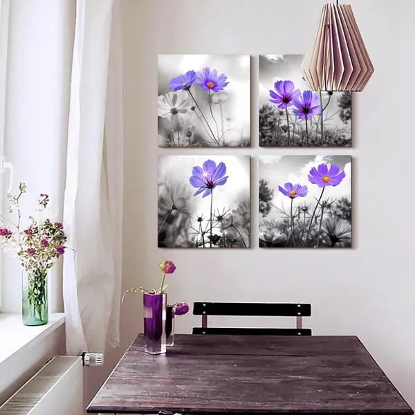 Multicolor_Wall_Art_|_For_Living_Room_Black_and_White_Purple_Flower_Big_Canvas_Prints_Wall_Decor_Artwork_16"_x_16"_4_Pieces_Framed_Black_Border_Ready_to_Hang_|_For_Bedroom_Kitchen_Home_Decoration_withoffice