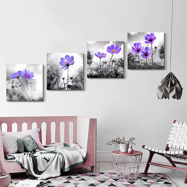Multicolor_Wall_Art_|_For_Living_Room_Black_and_White_Purple_Flower_Big_Canvas_Prints_Wall_Decor_Artwork_16"_x_16"_4_Pieces_Framed_Black_Border_Ready_to_Hang_|_For_Bedroom_Kitchen_Home_Decoration_withoffice