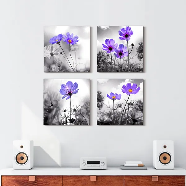 Multicolor_Wall_Art_|_For_Living_Room_Black_and_White_Purple_Flower_Big_Canvas_Prints_Wall_Decor_Artwork_16"_x_16"_4_Pieces_Framed_Black_Border_Ready_to_Hang_|_For_Bedroom_Kitchen_Home_Decoration_withoffice