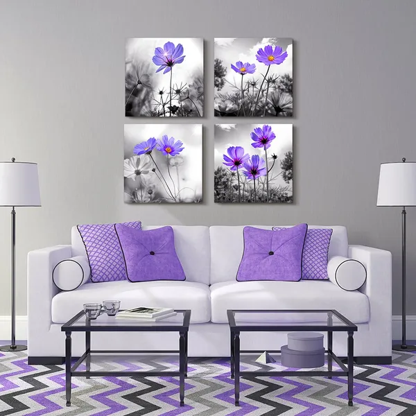 Multicolor_Wall_Art_|_For_Living_Room_Black_and_White_Purple_Flower_Big_Canvas_Prints_Wall_Decor_Artwork_16"_x_16"_4_Pieces_Framed_Black_Border_Ready_to_Hang_|_For_Bedroom_Kitchen_Home_Decoration_withoffice