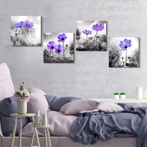 Multicolor_Wall_Art_|_For_Living_Room_Black_and_White_Purple_Flower_Big_Canvas_Prints_Wall_Decor_Artwork_16"_x_16"_4_Pieces_Framed_Black_Border_Ready_to_Hang_|_For_Bedroom_Kitchen_Home_Decoration_withoffice