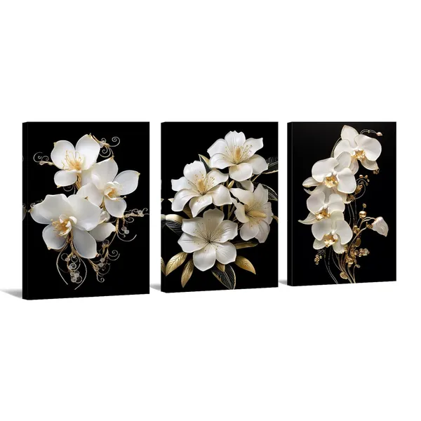 Multicolor_LYUNSHUO_Flower_Canvas_Wall_Art_3_Pieces_White_Gold_Orchid_Pictures_Living_Room_Decor_Black_Poster_Floral_Painting_Modern_Artwork_|_For_Bedroom_Bathroom_Home_Decor_Framed(Artwork-4,12.00"x16.00"x3P)