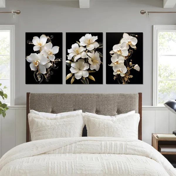 Multicolor_LYUNSHUO_Flower_Canvas_Wall_Art_3_Pieces_White_Gold_Orchid_Pictures_Living_Room_Decor_Black_Poster_Floral_Painting_Modern_Artwork_|_For_Bedroom_Bathroom_Home_Decor_Framed(Artwork-4,12.00"x16.00"x3P)