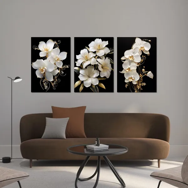 Multicolor_LYUNSHUO_Flower_Canvas_Wall_Art_3_Pieces_White_Gold_Orchid_Pictures_Living_Room_Decor_Black_Poster_Floral_Painting_Modern_Artwork_|_For_Bedroom_Bathroom_Home_Decor_Framed(Artwork-4,12.00"x16.00"x3P)