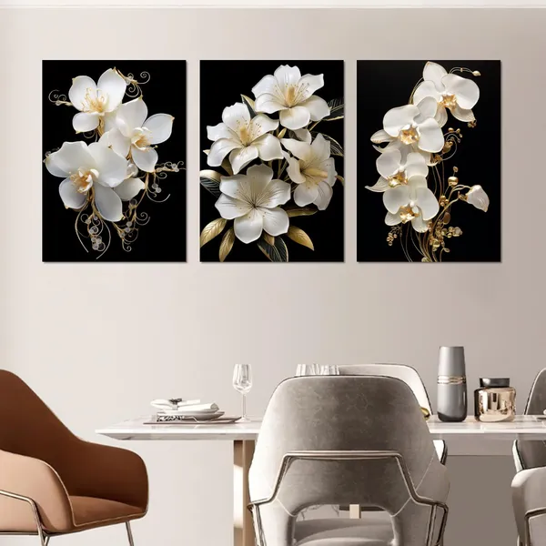 Multicolor_LYUNSHUO_Flower_Canvas_Wall_Art_3_Pieces_White_Gold_Orchid_Pictures_Living_Room_Decor_Black_Poster_Floral_Painting_Modern_Artwork_|_For_Bedroom_Bathroom_Home_Decor_Framed(Artwork-4,12.00"x16.00"x3P)