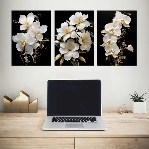 Multicolor_LYUNSHUO_Flower_Canvas_Wall_Art_3_Pieces_White_Gold_Orchid_Pictures_Living_Room_Decor_Black_Poster_Floral_Painting_Modern_Artwork_|_For_Bedroom_Bathroom_Home_Decor_Framed(Artwork-4,12.00"x16.00"x3P)