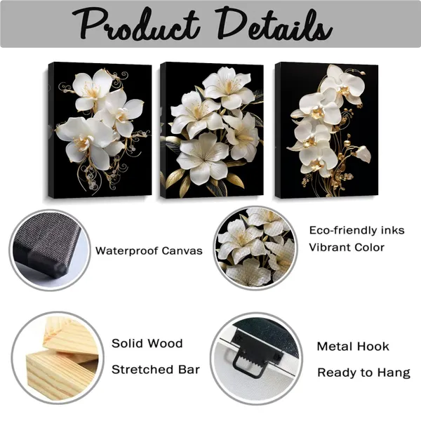 Multicolor_LYUNSHUO_Flower_Canvas_Wall_Art_3_Pieces_White_Gold_Orchid_Pictures_Living_Room_Decor_Black_Poster_Floral_Painting_Modern_Artwork_|_For_Bedroom_Bathroom_Home_Decor_Framed(Artwork-4,12.00"x16.00"x3P)