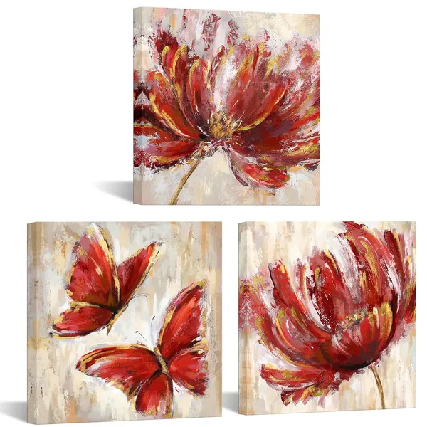 Multicolor_3_Pieces_Teal_Flower_and_Butterfly_Canvas_Prints_Floral_Oil_Painting_Gold_Blue_Wall_Art_|_For_Bathroom_Bedroom_Ready_to_Hang_Each_Size_12x12_Inches_(Red)