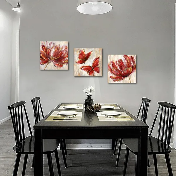 Multicolor_3_Pieces_Teal_Flower_and_Butterfly_Canvas_Prints_Floral_Oil_Painting_Gold_Blue_Wall_Art_|_For_Bathroom_Bedroom_Ready_to_Hang_Each_Size_12x12_Inches_(Red)