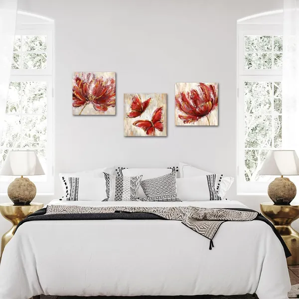 Multicolor_3_Pieces_Teal_Flower_and_Butterfly_Canvas_Prints_Floral_Oil_Painting_Gold_Blue_Wall_Art_|_For_Bathroom_Bedroom_Ready_to_Hang_Each_Size_12x12_Inches_(Red)