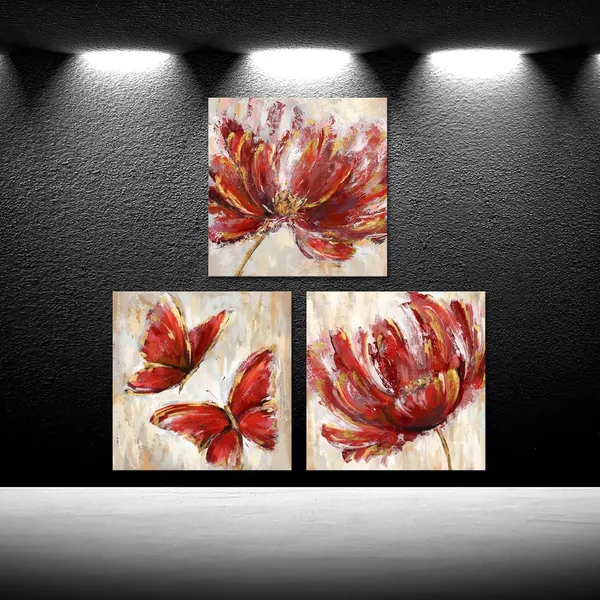 Multicolor_3_Pieces_Teal_Flower_and_Butterfly_Canvas_Prints_Floral_Oil_Painting_Gold_Blue_Wall_Art_|_For_Bathroom_Bedroom_Ready_to_Hang_Each_Size_12x12_Inches_(Red)
