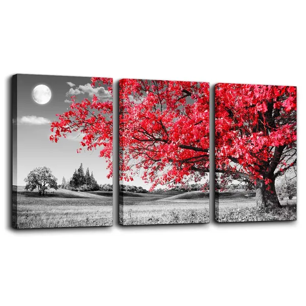 Multicolor_canvas_wall_art_|_For_living_room_Black_and_white_red_tree_moon_landscape_painting_bedroom_Wall_Decor_12"_x_16"3_Pieces_Ready_to_Hang_|_For_Decorations_bathroom_Works_office_family_kitchen_Prints_pictures