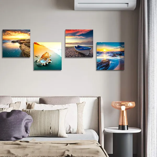 Multicolor_Artscope_4_Pieces_Canvas_Prints_Wall_Art_-_Picture_Painting-_Modern_Wall_Artwork_Framed_|_For_Bathroom_Home_Office_Decor_-_12_x_12_Inch_(Sunset_Seaside_Scenery,_12x12)