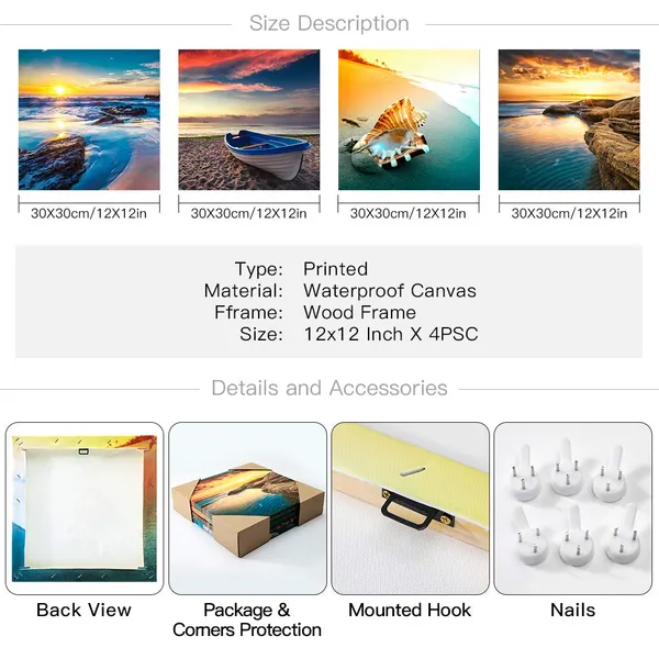 Multicolor_Artscope_4_Pieces_Canvas_Prints_Wall_Art_-_Picture_Painting-_Modern_Wall_Artwork_Framed_|_For_Bathroom_Home_Office_Decor_-_12_x_12_Inch_(Sunset_Seaside_Scenery,_12x12)