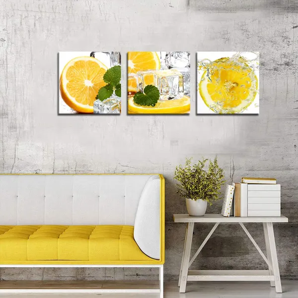 Multicolor_3_Pieces_Ice_Cube_Poster_Wall_Art_Slice_of_Lemon_in_Water_Isolated_Light_Yellow_Canvas_Painting_Fruit_Picture_Lemon_and_Ice_Cubes_Lemon_Kitchen_Home_Decor_Artwork_Framed_Ready_to_Hang-12"Wx12"Hx3pcs