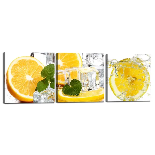 Multicolor_3_Pieces_Ice_Cube_Poster_Wall_Art_Slice_of_Lemon_in_Water_Isolated_Light_Yellow_Canvas_Painting_Fruit_Picture_Lemon_and_Ice_Cubes_Lemon_Kitchen_Home_Decor_Artwork_Framed_Ready_to_Hang-12"Wx12"Hx3pcs