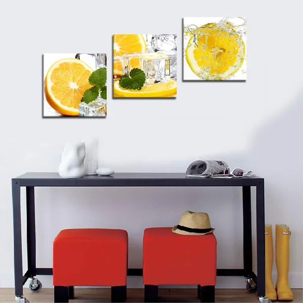 Multicolor_3_Pieces_Ice_Cube_Poster_Wall_Art_Slice_of_Lemon_in_Water_Isolated_Light_Yellow_Canvas_Painting_Fruit_Picture_Lemon_and_Ice_Cubes_Lemon_Kitchen_Home_Decor_Artwork_Framed_Ready_to_Hang-12"Wx12"Hx3pcs