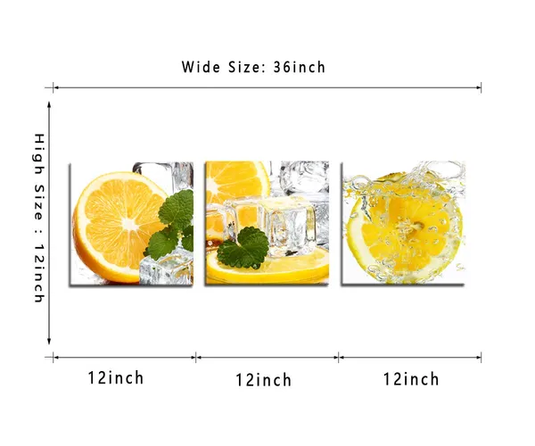 Multicolor_3_Pieces_Ice_Cube_Poster_Wall_Art_Slice_of_Lemon_in_Water_Isolated_Light_Yellow_Canvas_Painting_Fruit_Picture_Lemon_and_Ice_Cubes_Lemon_Kitchen_Home_Decor_Artwork_Framed_Ready_to_Hang-12"Wx12"Hx3pcs