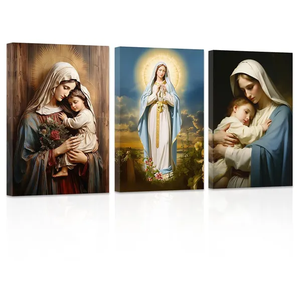 Multicolor_Virgin_Mary_Canvas_Wall_Art_3_Pieces_Jesus_Mother_Painting_Prints_Catholic_Spiritual_Pictures_Wall_Decor_|_For_Office_Church_Prayer_Room_Framed(2,_(12.00"_x_16.00"_x_3PCS))