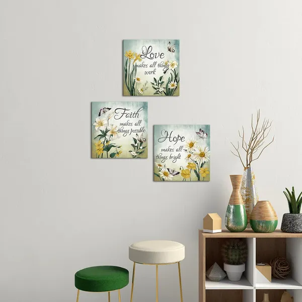Multicolor_Conipit_Faith_Hope_Love_Canvas_Yellow_Green_Floral_Wall_Art_Butterfly_Flower_Pictures_Yellow_Daisy_Lily_Paintings_Framed_12"x12"_x_3Pcs