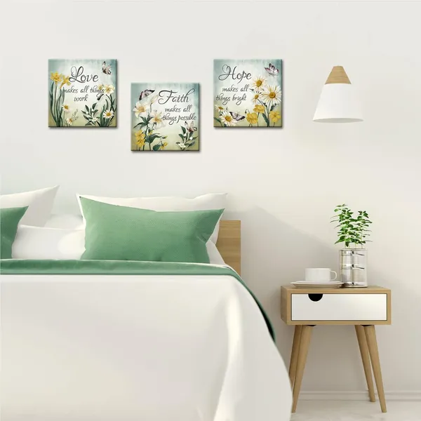 Multicolor_Conipit_Faith_Hope_Love_Canvas_Yellow_Green_Floral_Wall_Art_Butterfly_Flower_Pictures_Yellow_Daisy_Lily_Paintings_Framed_12"x12"_x_3Pcs