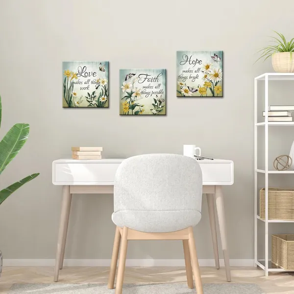 Multicolor_Conipit_Faith_Hope_Love_Canvas_Yellow_Green_Floral_Wall_Art_Butterfly_Flower_Pictures_Yellow_Daisy_Lily_Paintings_Framed_12"x12"_x_3Pcs