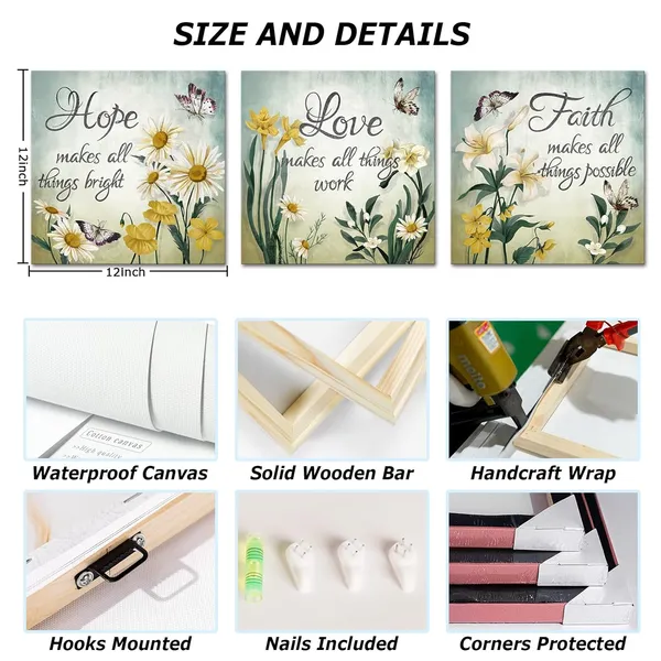 Multicolor_Conipit_Faith_Hope_Love_Canvas_Yellow_Green_Floral_Wall_Art_Butterfly_Flower_Pictures_Yellow_Daisy_Lily_Paintings_Framed_12"x12"_x_3Pcs
