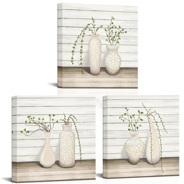 Multicolor_RyounoArt_Beige_Canvas_Wall_Art_Green_Botanical_Plant_in_Vase_Picture_Prints_Elegant_Painting_|_For_Hallway_Bathroom_Wall_Decor_Gallery_Wrapped_12_*_12in*3pcs