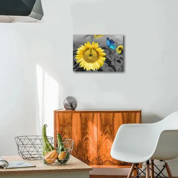 Multicolor_Canvas_Wall_Art_Sunflower_Blue_Butterfly_Yellow_Flowers_Pictures_Black_and_White_Painting_Prints_Framed_Artwork_|_For_Bedroom_Kitchen_Dinning_Room_Living_Room_Office_Home_Decor-_16"X12",_One_Panel,_Gallery_Wrapped