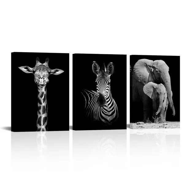 Multicolor_Black_and_White_African_Wildlife_Canvas_Wall_Art_Animal_Zebra_Giraffe_Elephant_Portrait_Picture_Poster_Artwork_|_For_Home_Living_Room_Bedroom_Room_Kids_Room_Office_Wall_Decoration