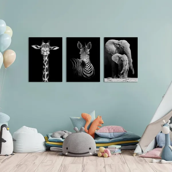 Multicolor_Black_and_White_African_Wildlife_Canvas_Wall_Art_Animal_Zebra_Giraffe_Elephant_Portrait_Picture_Poster_Artwork_|_For_Home_Living_Room_Bedroom_Room_Kids_Room_Office_Wall_Decoration