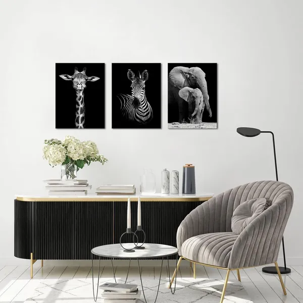 Multicolor_Black_and_White_African_Wildlife_Canvas_Wall_Art_Animal_Zebra_Giraffe_Elephant_Portrait_Picture_Poster_Artwork_|_For_Home_Living_Room_Bedroom_Room_Kids_Room_Office_Wall_Decoration