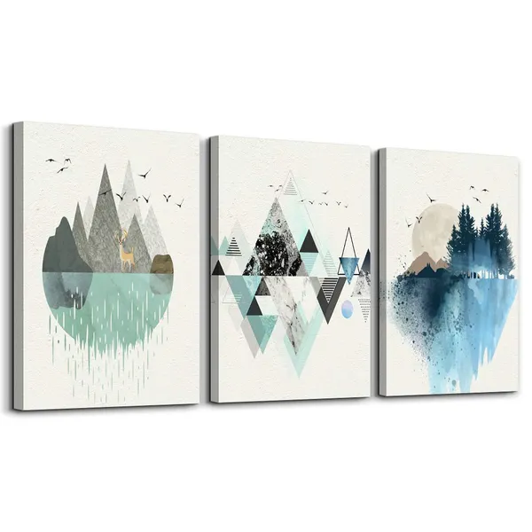 Multicolor_MHARTK66_Abstract_Mountain_in_Daytime_3_Panels_Canvas_Prints_Wall_Art_Paintings_(Green,_12x16_inch)