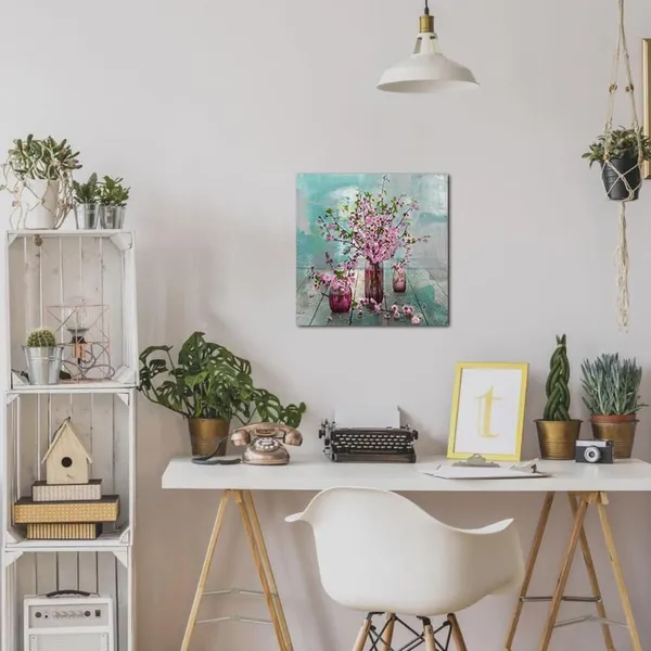 Multicolor_Acocifi_Pink_Flower_Canvas_Wall_Art_Florals_Abstract_Picture_Teal_Turquoise_Watercolor_Peach_Bloosom_Painting_Artwork_Framed_|_For_Bathroom_Living_Room_Bedroom_Kitchen_Nursery_Home_Office_Decor_14"x14"