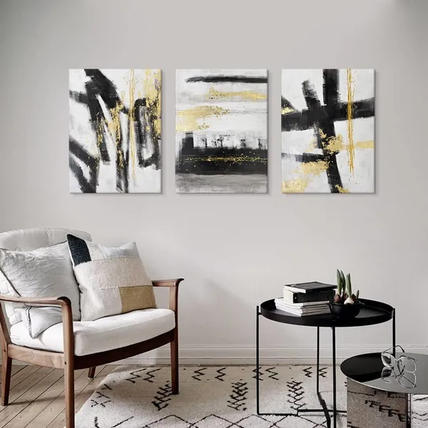 Multicolor_7Fisionart_Black_and_White_Abstract_Canvas_Wall_Art_3_Piece_Gold_Painting_Modern_Canvas_Print_Framed_Artwork_|_For_Living_Room_Office_Bedroom_Ready_to_Hang_12"x16"x3pcs