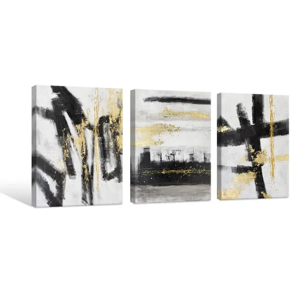 Multicolor_7Fisionart_Black_and_White_Abstract_Canvas_Wall_Art_3_Piece_Gold_Painting_Modern_Canvas_Print_Framed_Artwork_|_For_Living_Room_Office_Bedroom_Ready_to_Hang_12"x16"x3pcs