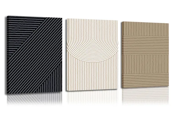 Multicolor_Boho_Modern_Wall_Art_Set_of_3_Abstract_Line_Wall_Decor_Minimalist_Neutral_Canvas_Pictures_Beige_Brown_Black_Poster_Mid_Century_Painting_Print_Artwork_|_For_Bedroom_Living_Room_Framed_12x16_in